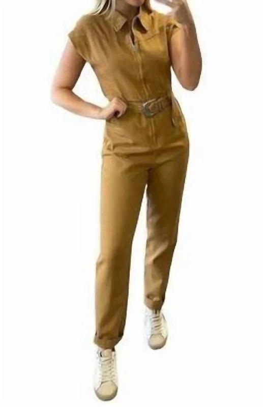 Belted Zip Up Jumpsuit In Camel