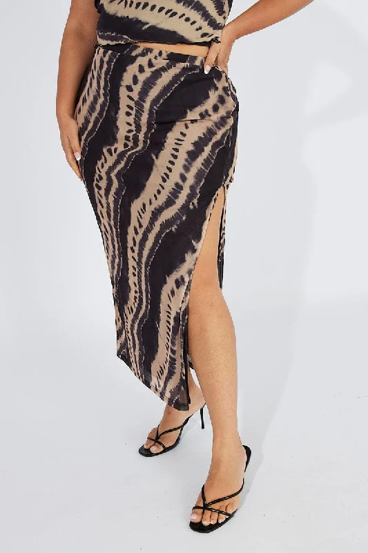 Black Abstract Mesh Long Split Skirt