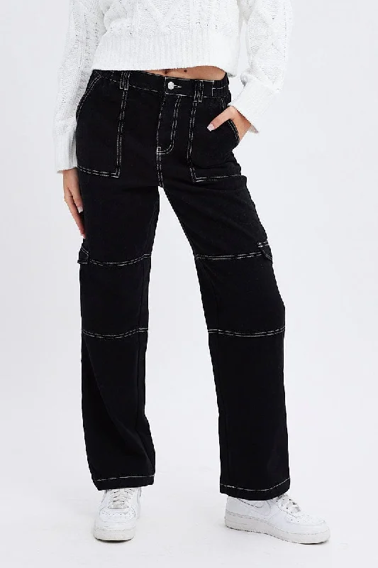 Black Cargo Jeans Straight Back Elastic Waist