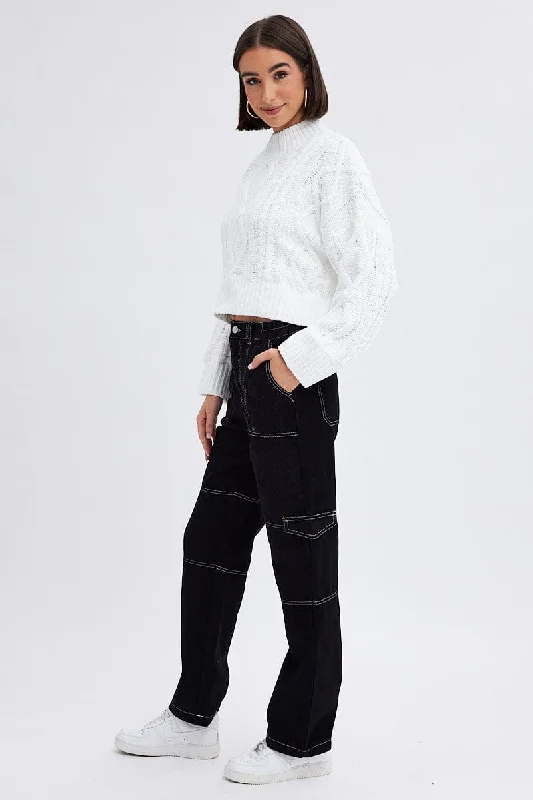 Black Cargo Jeans Straight Back Elastic Waist