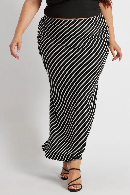 Black Stripe Bias Stripe Maxi Skirt