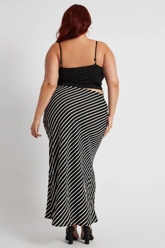 Black Stripe Bias Stripe Maxi Skirt