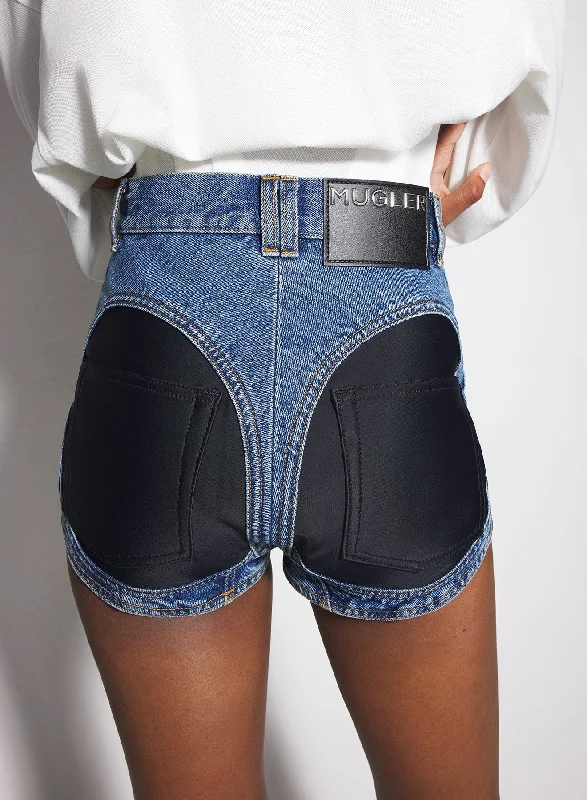 blue bi-material denim shorts