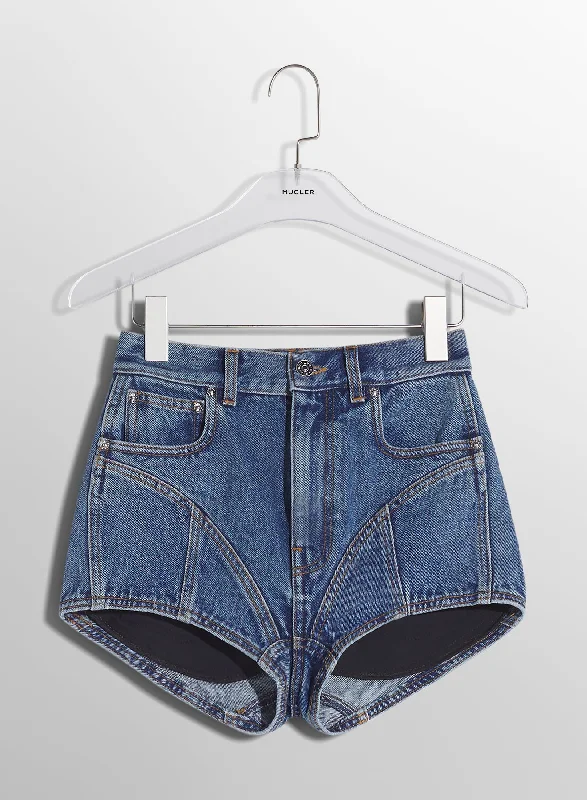 blue bi-material denim shorts