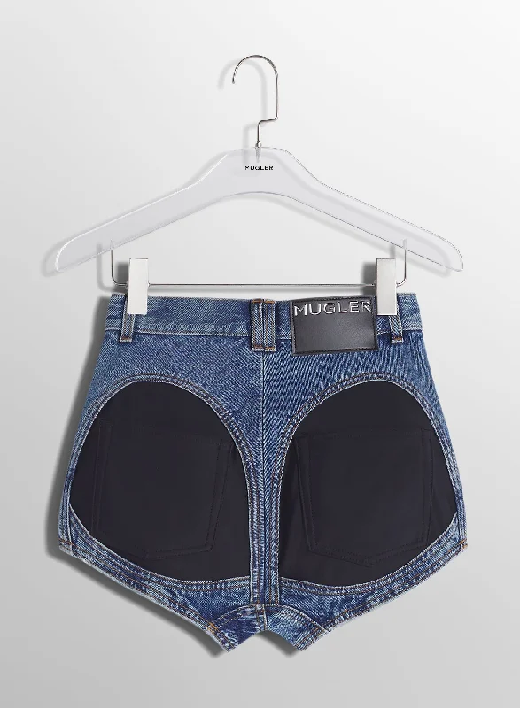 blue bi-material denim shorts