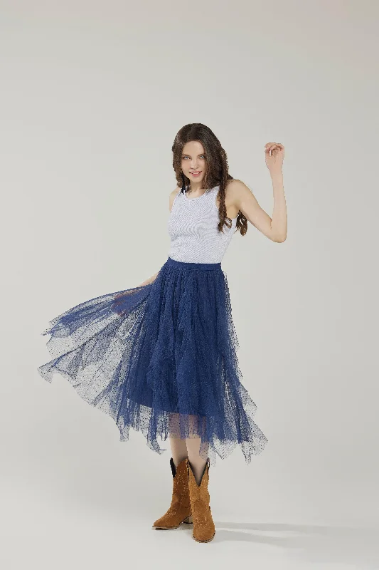 Boho Waterfall Striped Polka Dot Tulle Mesh Ruffle Midi Skirt - Navy