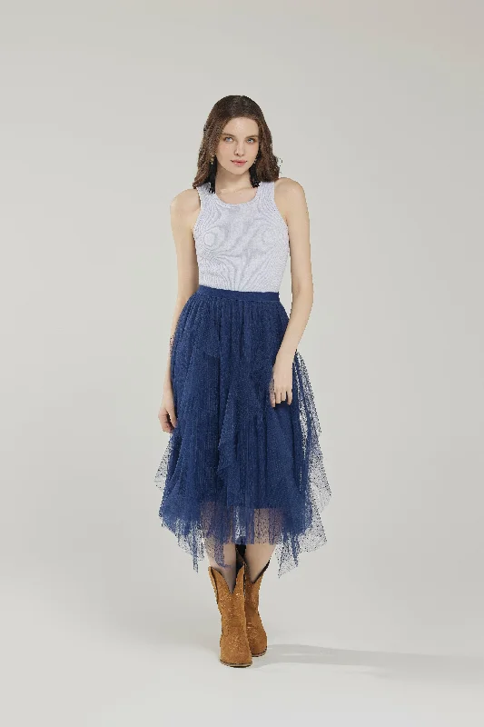 Boho Waterfall Striped Polka Dot Tulle Mesh Ruffle Midi Skirt - Navy