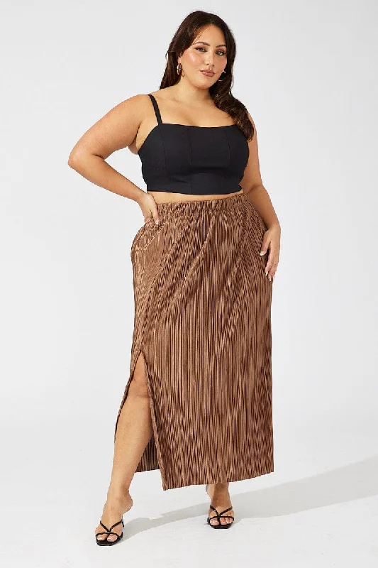 Brown Midi Skirt Side Split Plisse