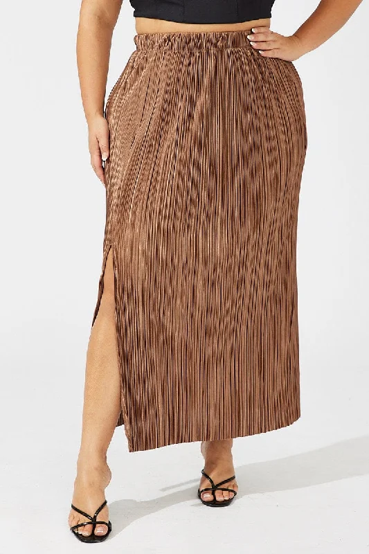 Brown Midi Skirt Side Split Plisse