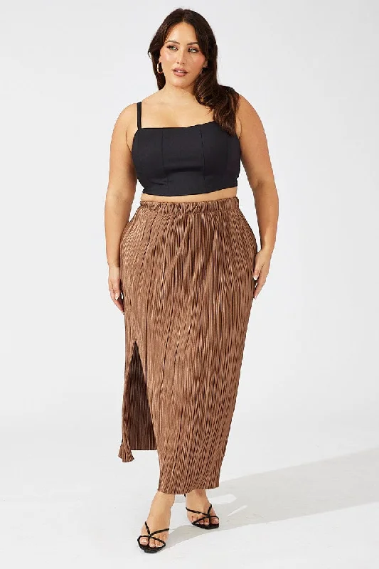 Brown Midi Skirt Side Split Plisse