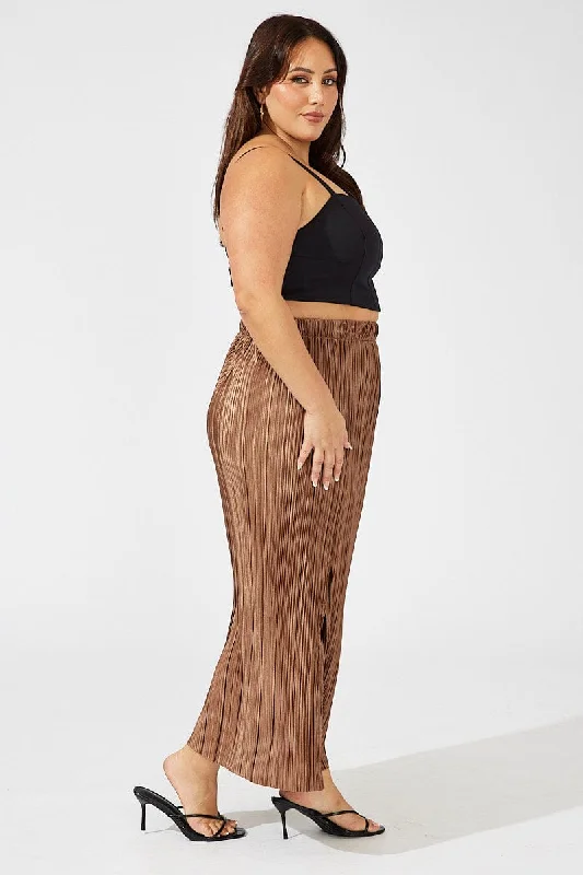 Brown Midi Skirt Side Split Plisse