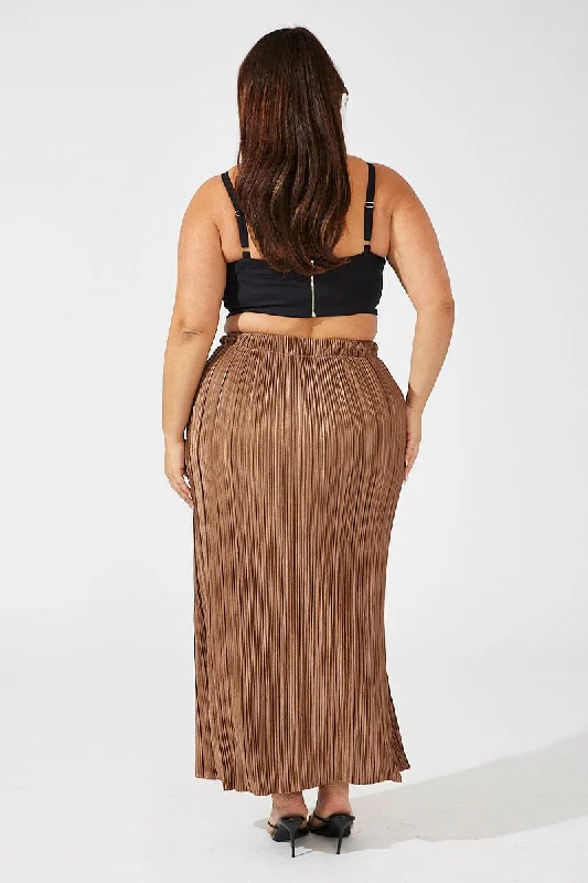 Brown Midi Skirt Side Split Plisse