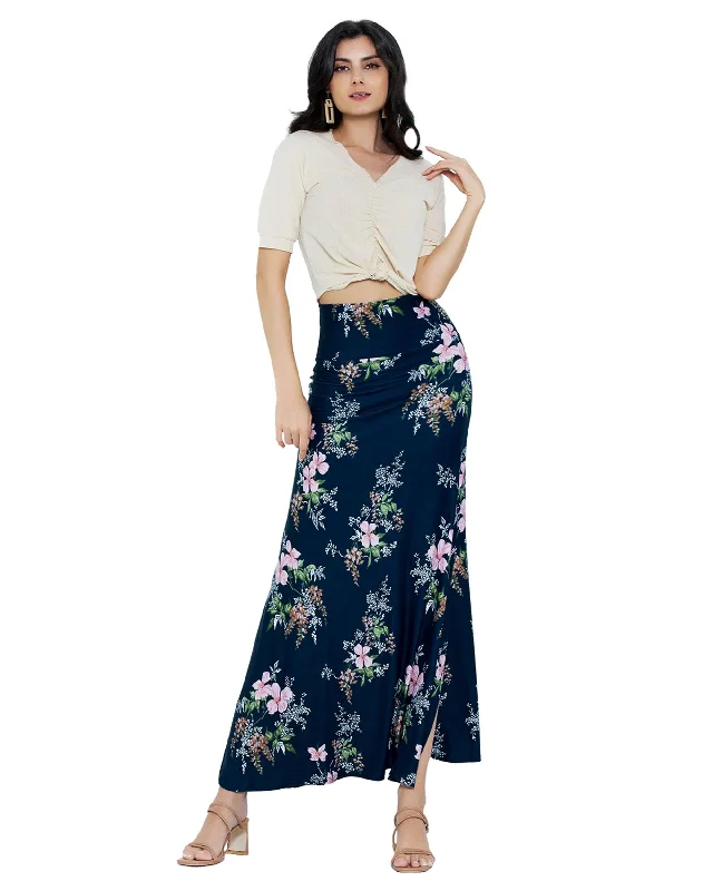 Foldover Side Slit Maxi Skirt - Flower