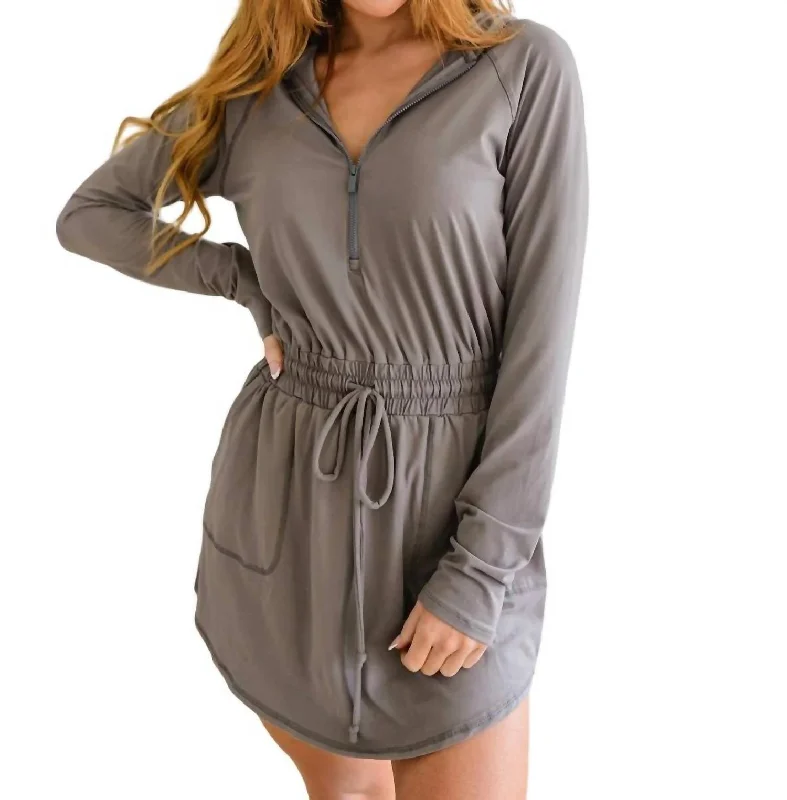 Getting Out Long Sleeve Hoodie Romper In Smoky Grey