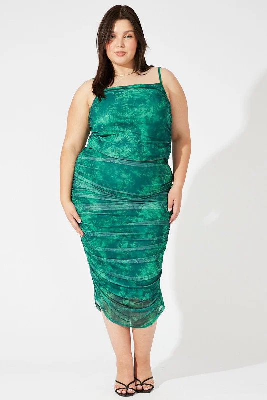 Green Abstract Mesh Ruched Tie Dye Midi Skirt