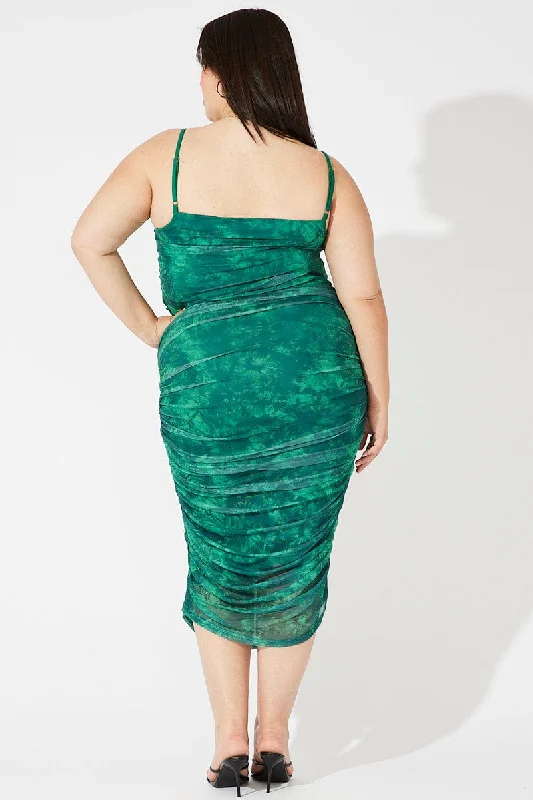 Green Abstract Mesh Ruched Tie Dye Midi Skirt