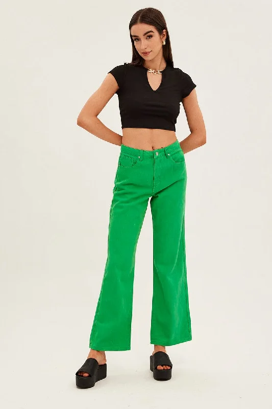 Green Denim Jeans High Rise Wide Leg