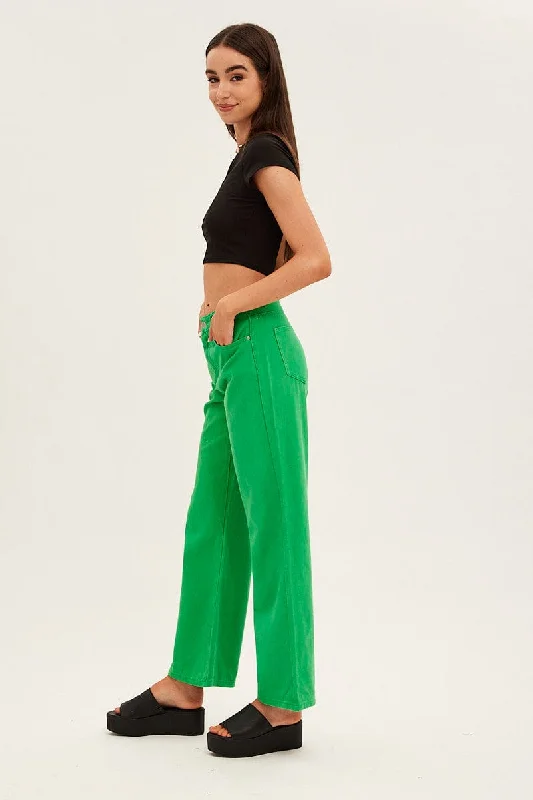 Green Denim Jeans High Rise Wide Leg