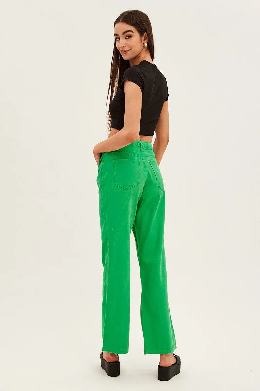 Green Denim Jeans High Rise Wide Leg