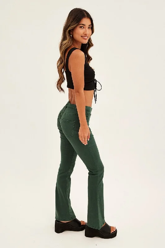 Green Flare Denim Jeans Low Rise