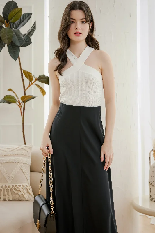 Hepburn Satin Midi Skirt in Black