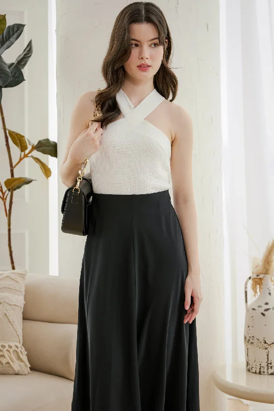 Hepburn Satin Midi Skirt in Black