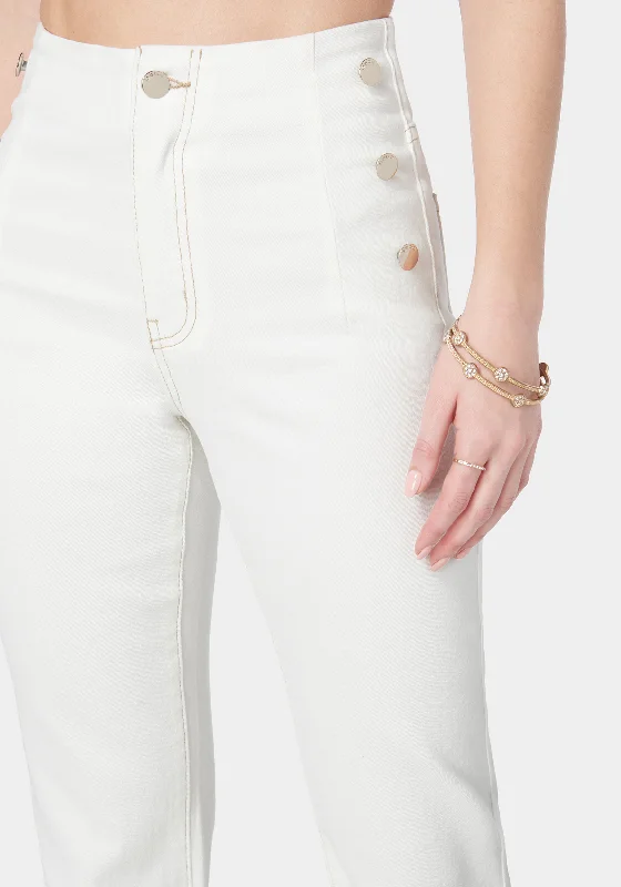 High Waist Flared Wide Leg Button Detail Jeans