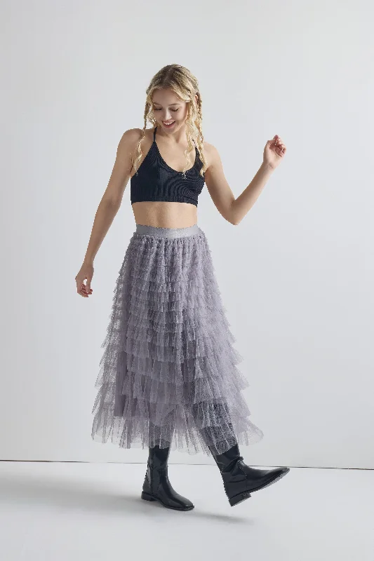 High Waisted A Line Tiered Layered Ruffle Tulle Mesh Tutu Long Maxi Skirt - Grey