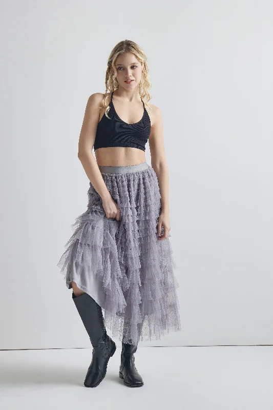 High Waisted A Line Tiered Layered Ruffle Tulle Mesh Tutu Long Maxi Skirt - Grey