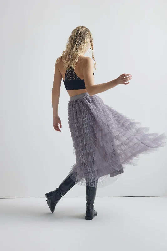 High Waisted A Line Tiered Layered Ruffle Tulle Mesh Tutu Long Maxi Skirt - Grey