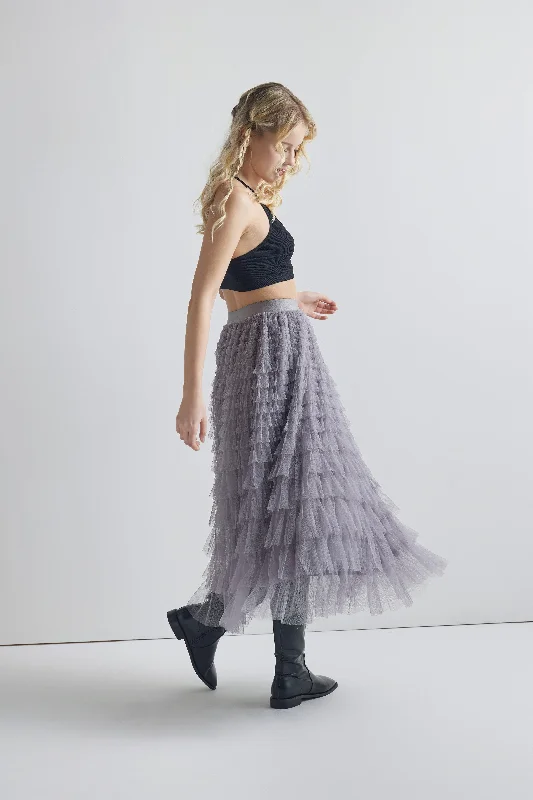 High Waisted A Line Tiered Layered Ruffle Tulle Mesh Tutu Long Maxi Skirt - Grey