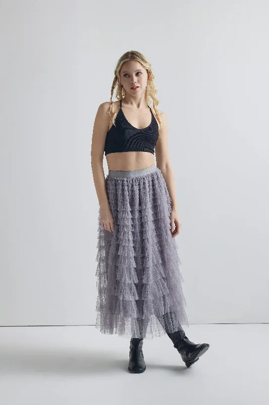 High Waisted A Line Tiered Layered Ruffle Tulle Mesh Tutu Long Maxi Skirt - Grey