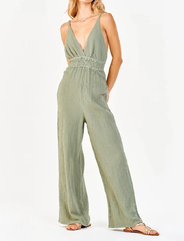 Imani Strap Halter Jumpsuit In Sweet Olive