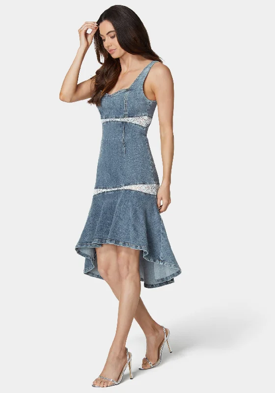 Lace Insert High Low Denim Dress