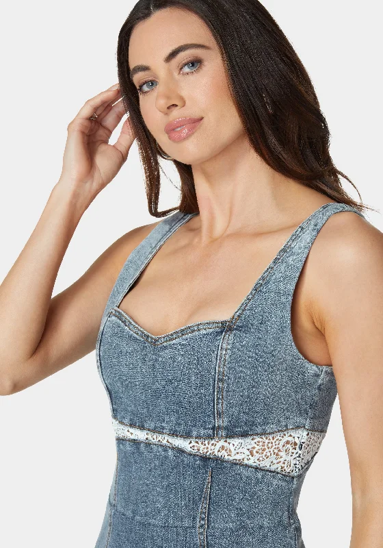 Lace Insert High Low Denim Dress