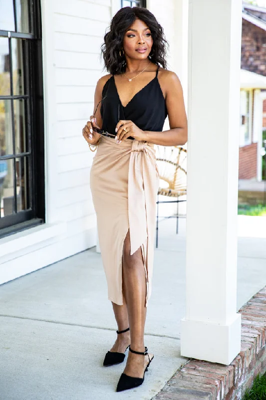 Let's Stay Forever Taupe Satin Knot Detail Midi Skirt FINAL SALE