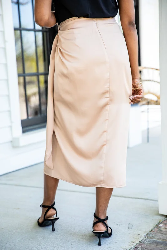 Let's Stay Forever Taupe Satin Knot Detail Midi Skirt FINAL SALE