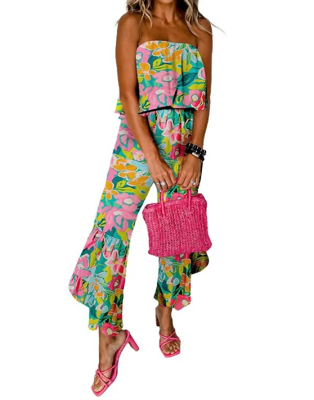 Mix Tropical Print Strapless Ruffled Jumpsuit In Green