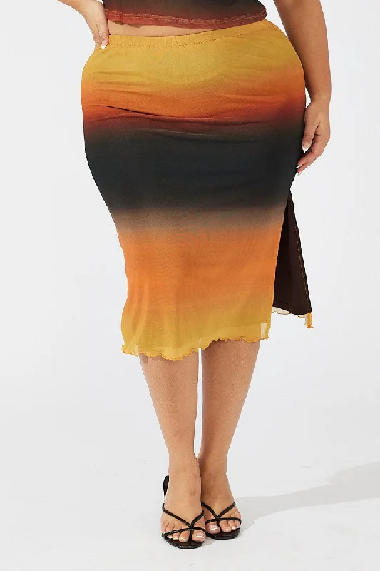 Multi Abstract Midi Skirt Bodycon Split Mesh