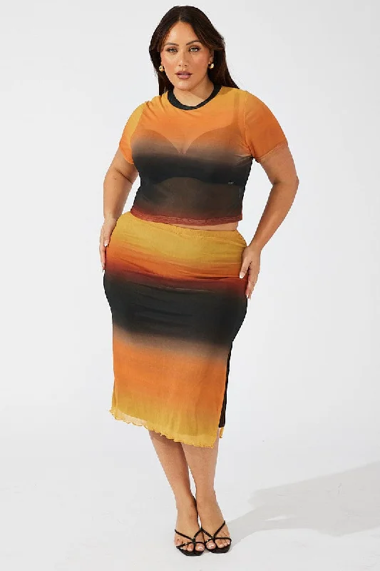 Multi Abstract Midi Skirt Bodycon Split Mesh