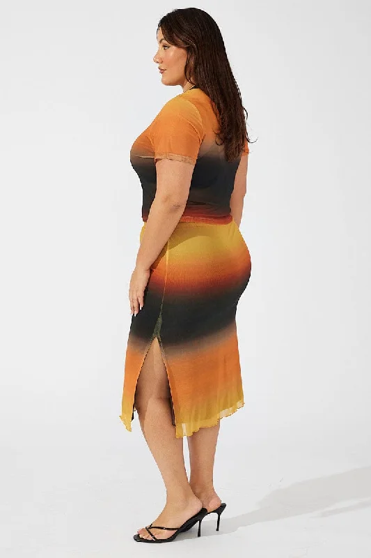 Multi Abstract Midi Skirt Bodycon Split Mesh