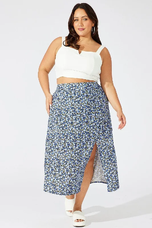 Multi Ditsy Split Rayon Midi Skirt