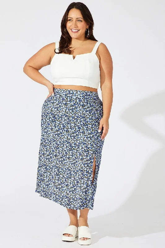 Multi Ditsy Split Rayon Midi Skirt