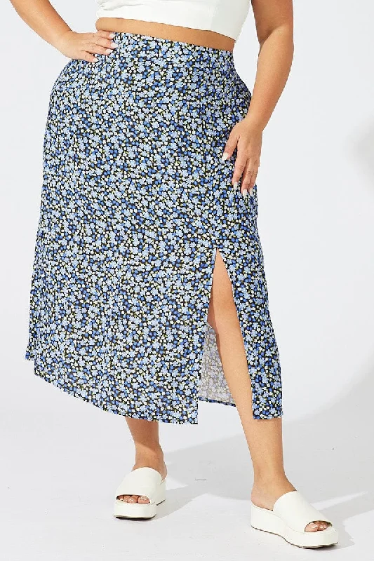 Multi Ditsy Split Rayon Midi Skirt