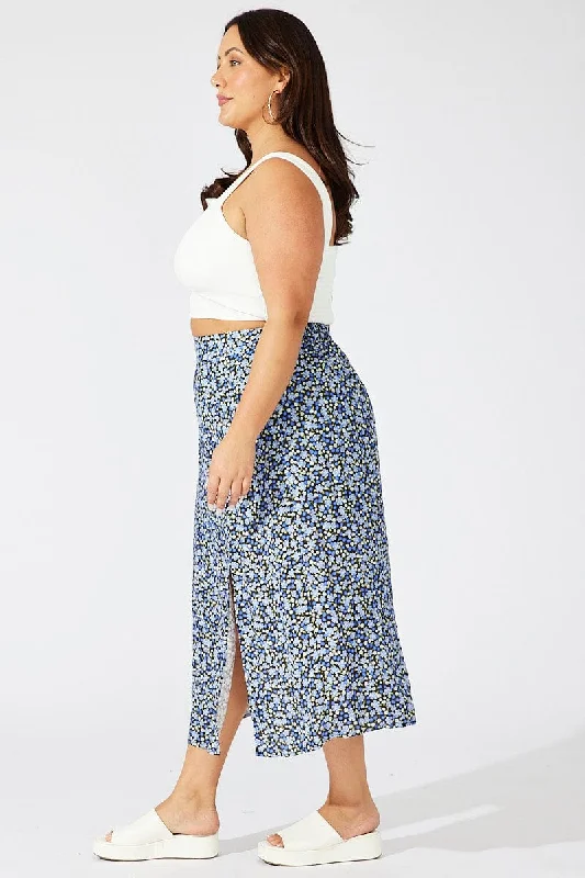 Multi Ditsy Split Rayon Midi Skirt