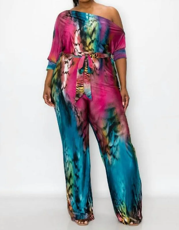 Off-The-Shoulder Tie Waist Jumpsuit In Multi