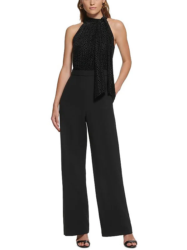 Petites   Womens Mixed Media Tie-Neck Jumpsuit