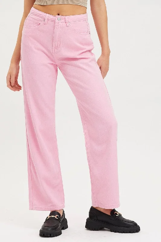 Pink Straight Denim Jeans High Rise