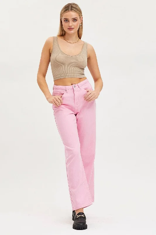 Pink Straight Denim Jeans High Rise