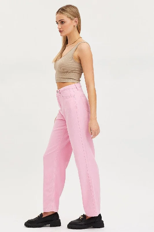 Pink Straight Denim Jeans High Rise